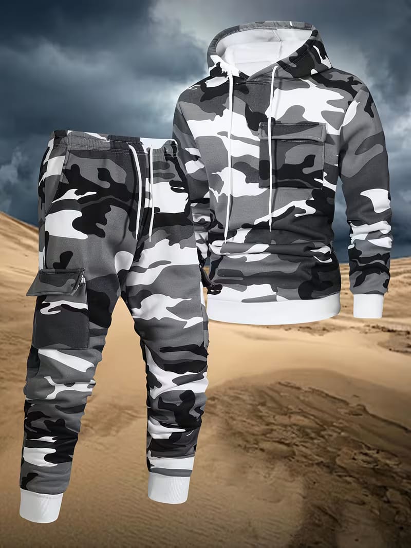 Men's 2pcs Camouflage Hooded Sweatshirt and Army Set, Multiple-pocket Design