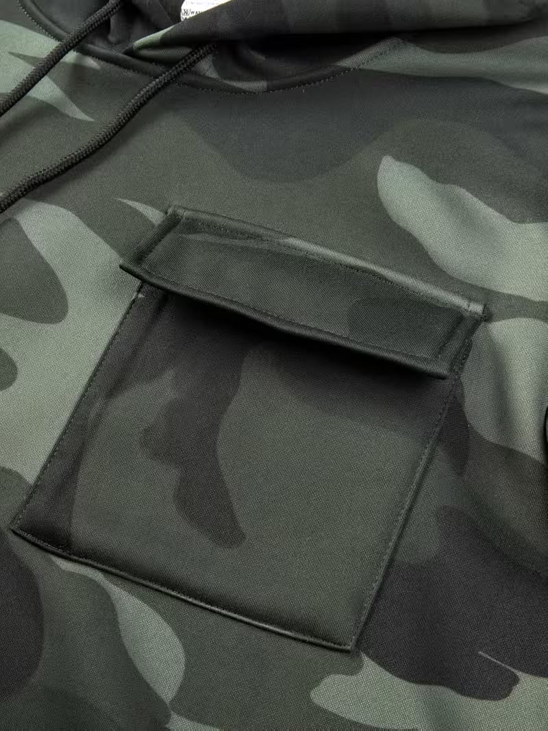 Men's 2pcs Camouflage Hooded Sweatshirt and Army set, Multi-Pocket Design, All-over print, Long Sleeve