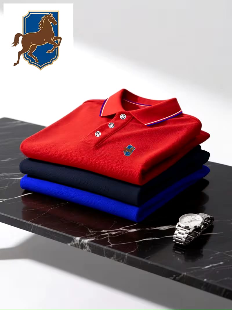 3pcs Assorted Printed Horse Logo Men's Short sleeve Polo Shirts, Multicoloured Striped Collar And cuffs