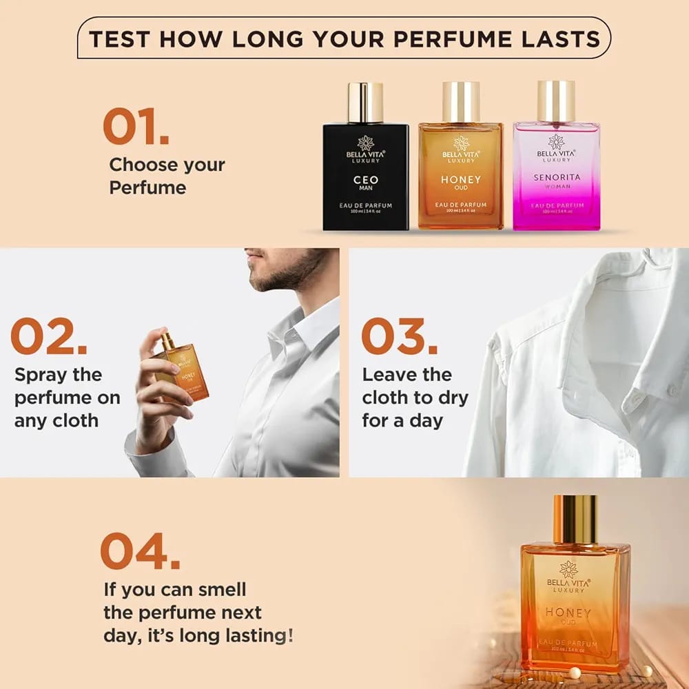 Bella Vita Luxury Honey oud. The perfume is Unisex perfume for men and women with Patchouli, Vanilla, Bergamot, Floral, Spicy EDP Fragrance Scent, 100Ml...