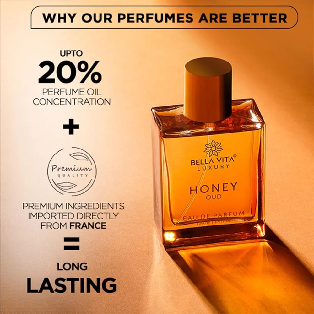 Bella Vita Luxury Honey oud. The perfume is Unisex perfume for men and women with Patchouli, Vanilla, Bergamot, Floral, Spicy EDP Fragrance Scent, 100Ml...