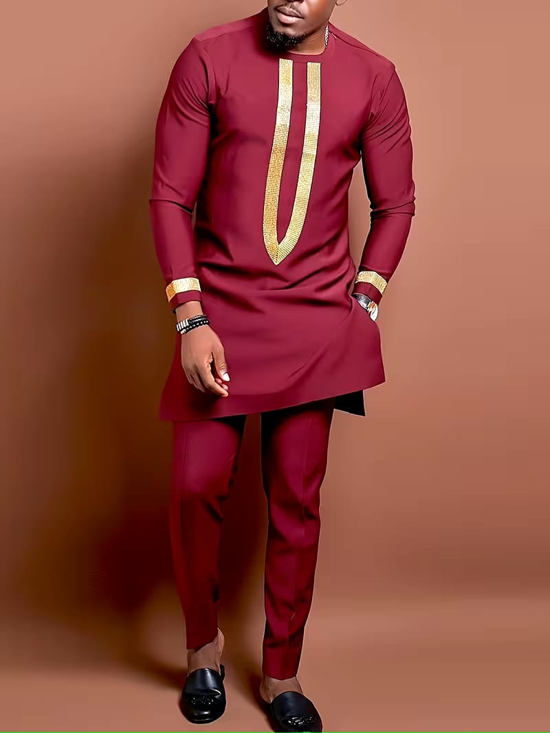 African Men's Dashiki Suit, Men's Suit, Long Sleeve Open Cardigan, Round Neck, Shoulder Zipper, Embroidery
