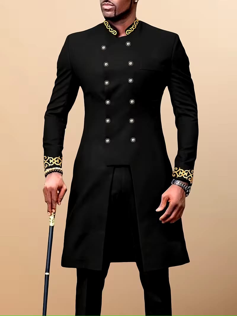 Dashiki Men's Long Sleeve Set, Long Sleeves, Round Neck, Button-Up Cardigan, Pockets, Split Hem, Embroidery, Elastic Waist Pants, Men's Outfit, Men's Casual Shirt and Pants 2pcs Set, New Four-Season Style 1 Set, Street Style, Party, Wedding Attire