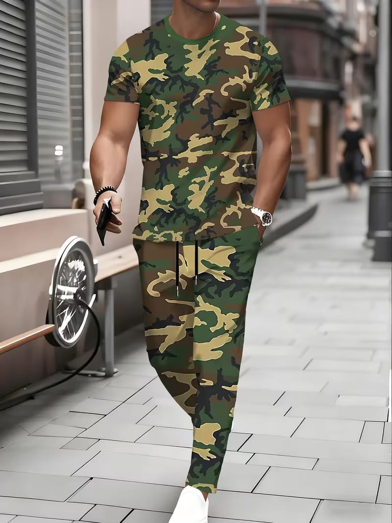 Men's Short -Sleeve Long Pants Set, Round Neck T-shirt And Comfortable Long Pants Matching, Suitable for Army Camouflage