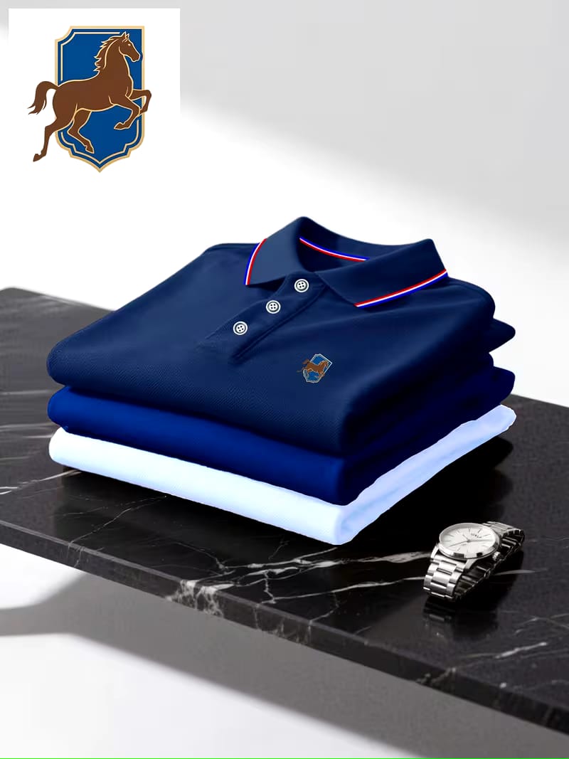 3pcs Assorted Printed Horse Logo Men's Short sleeve Polo Shirts, Multicoloured Striped Collar And cuffs