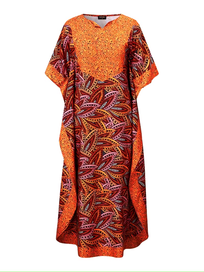 VONDA Plus Size Women's Vintage Print Maxi Dress-Batwing Half Sleeve V-Neck Patchwork Design, Loose