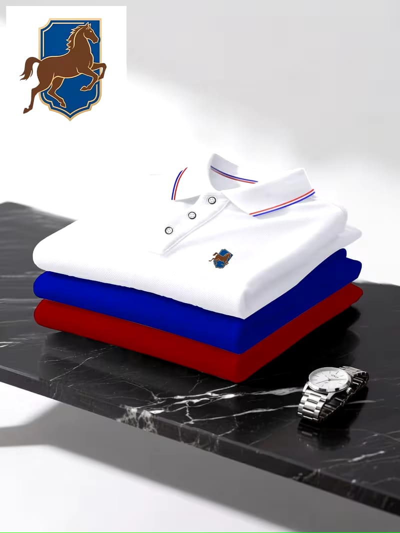 3pcs Assorted Printed Horse Logo Men's Short sleeve Polo Shirts, Multicoloured Striped Collar And cuffs