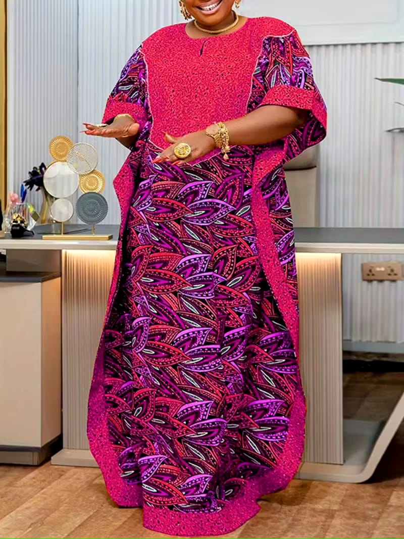 VONDA Plus Size Women's Vintage Print Maxi Dress-Batwing Half Sleeve V-Neck Patchwork Design, Loose