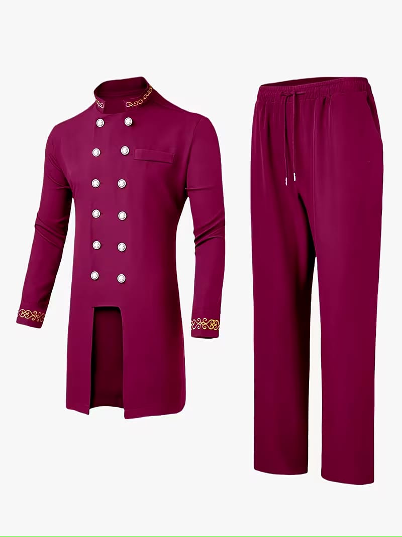 Dashiki Men's Long Sleeve Set, Long Sleeves, Round Neck, Button-Up Cardigan, Pockets, Split Hem, Embroidery, Elastic Waist Pants, Men's Outfit, Men's Casual Shirt and Pants 2pcs Set, New Four-Season Style 1 Set, Street Style, Party, Wedding Attire