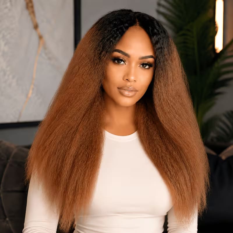 Ombre Blonde 13X4 Lace Front Synthetic Wigs for Women,Glueless Wig 60.96cm Density Long Yaki Kim