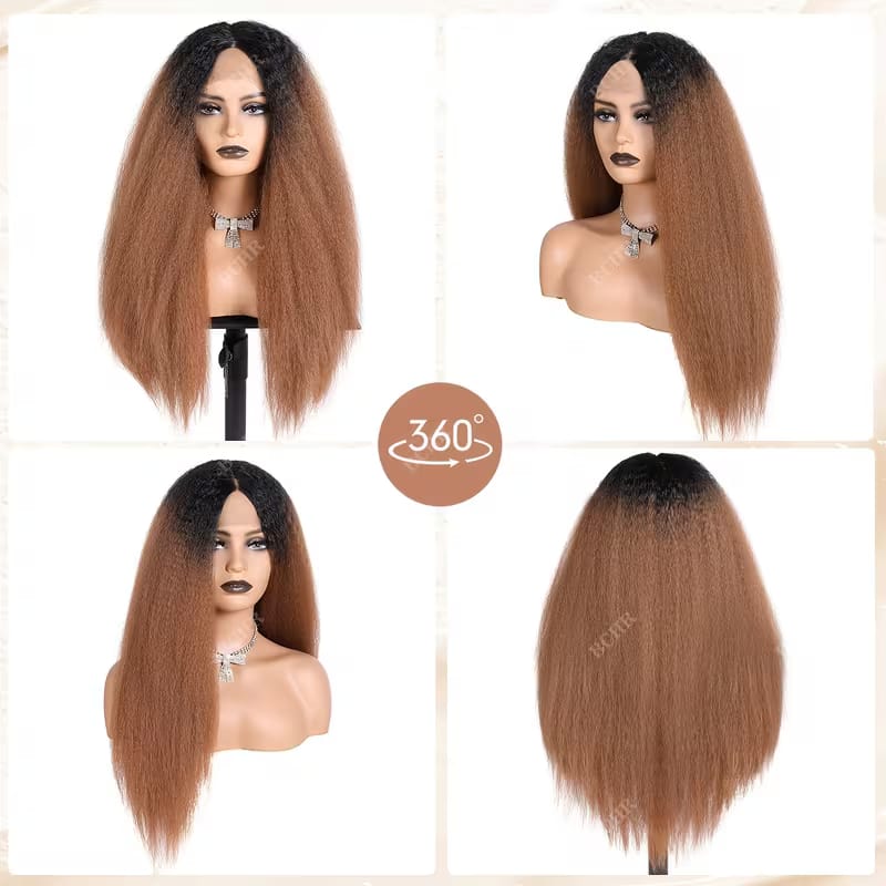 Ombre Blonde 13X4 Lace Front Synthetic Wigs for Women,Glueless Wig 60.96cm Density Long Yaki Kim