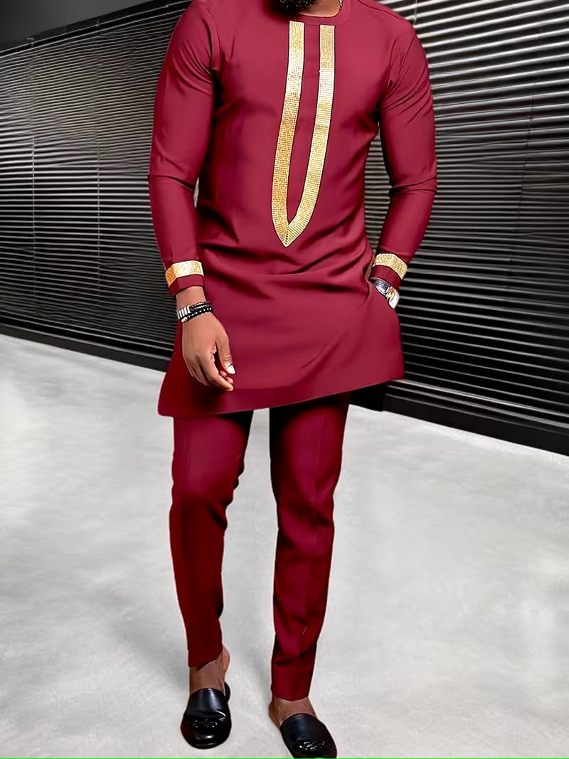 African Men's Dashiki Suit, Men's Suit, Long Sleeve Open Cardigan, Round Neck, Shoulder Zipper, Embroidery