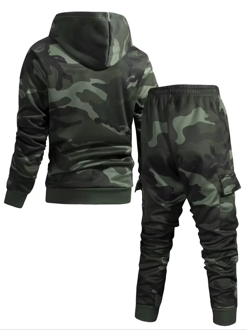 Men's 2pcs Camouflage Hooded Sweatshirt and Army set, Multi-Pocket Design, All-over print, Long Sleeve