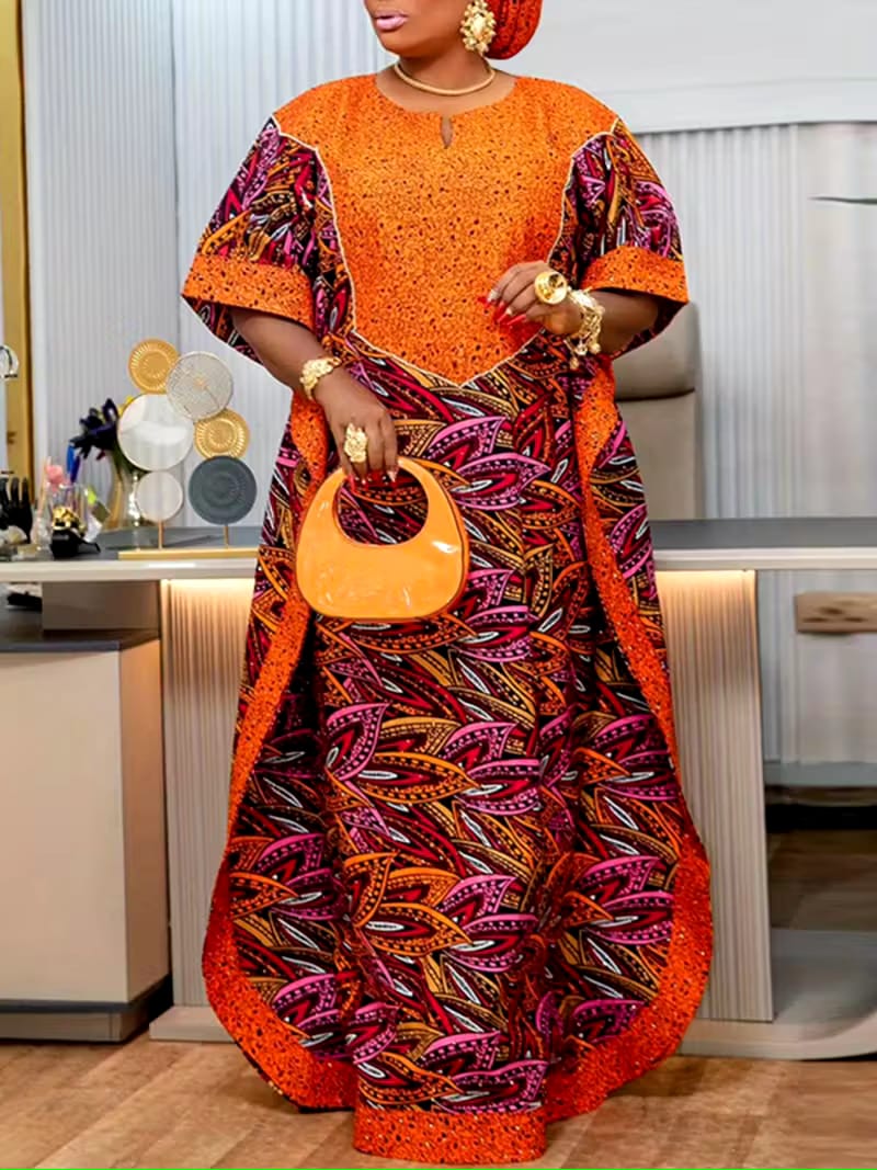 VONDA Plus Size Women's Vintage Print Maxi Dress-Batwing Half Sleeve V-Neck Patchwork Design, Loose