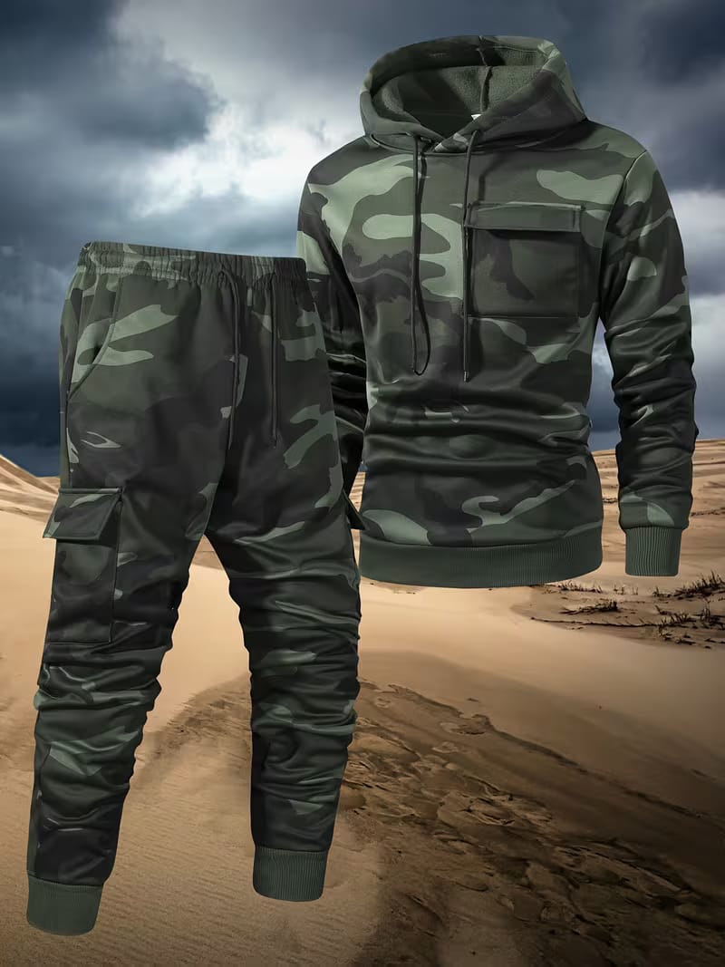 Men's 2pcs Camouflage Hooded Sweatshirt and Army set, Multi-Pocket Design, All-over print, Long Sleeve