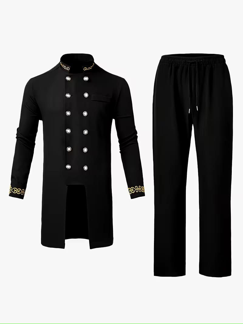 Dashiki Men's Long Sleeve Set, Long Sleeves, Round Neck, Button-Up Cardigan, Pockets, Split Hem, Embroidery, Elastic Waist Pants, Men's Outfit, Men's Casual Shirt and Pants 2pcs Set, New Four-Season Style 1 Set, Street Style, Party, Wedding Attire