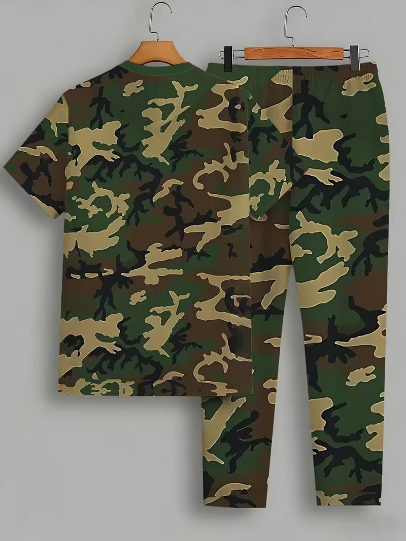 Men's Short -Sleeve Long Pants Set, Round Neck T-shirt And Comfortable Long Pants Matching, Suitable for Army Camouflage