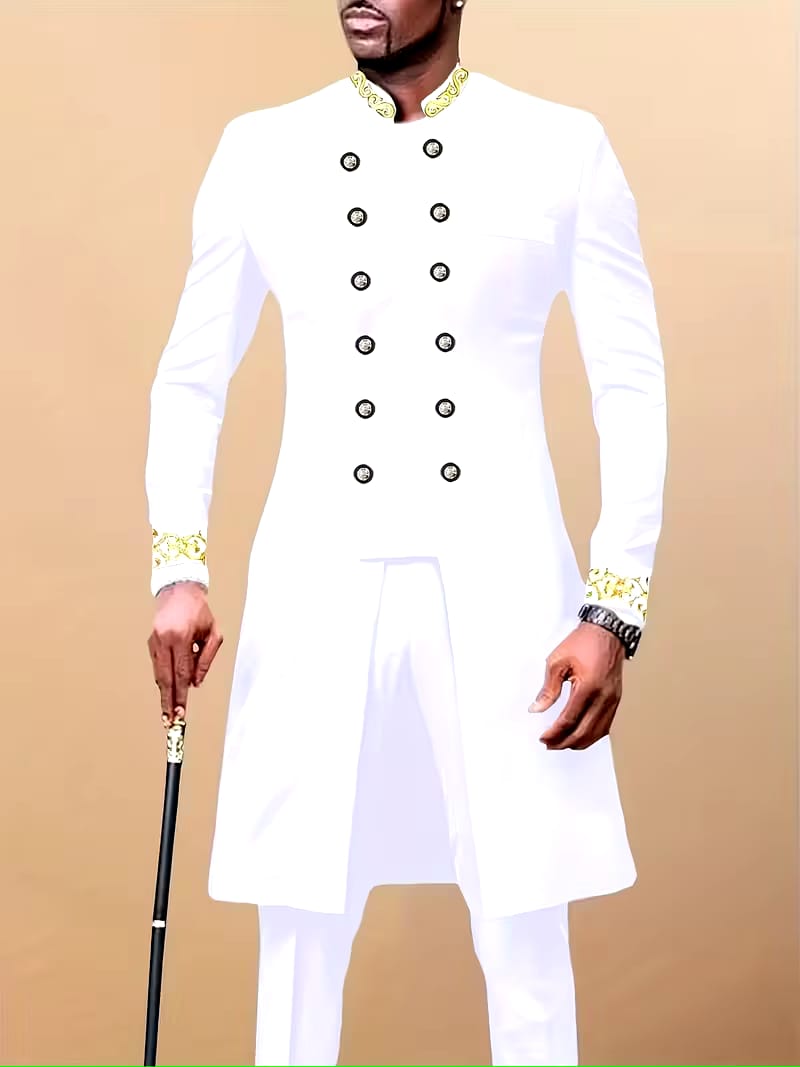 Dashiki Men's Long Sleeve Set, Long Sleeves, Round Neck, Button-Up Cardigan, Pockets, Split Hem, Embroidery, Elastic Waist Pants, Men's Outfit, Men's Casual Shirt and Pants 2pcs Set, New Four-Season Style 1 Set, Street Style, Party, Wedding Attire