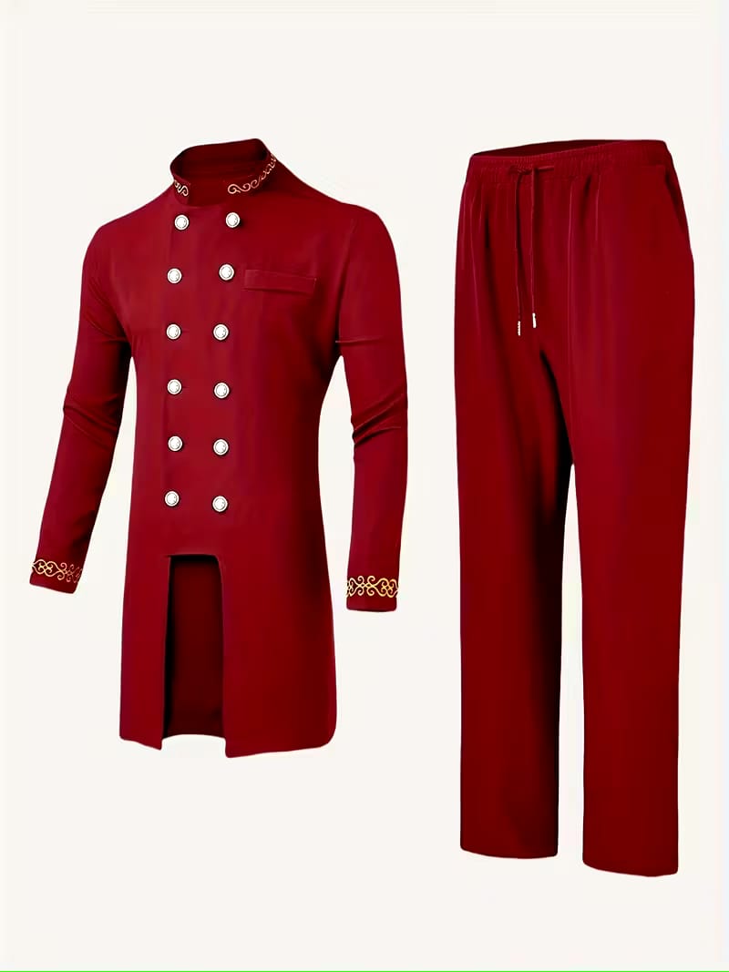 Dashiki Men's Long Sleeve Set, Long Sleeves, Round Neck, Button-Up Cardigan, Pockets, Split Hem, Embroidery, Elastic Waist Pants, Men's Outfit, Men's Casual Shirt and Pants 2pcs Set, New Four-Season Style 1 Set, Street Style, Party, Wedding Attire
