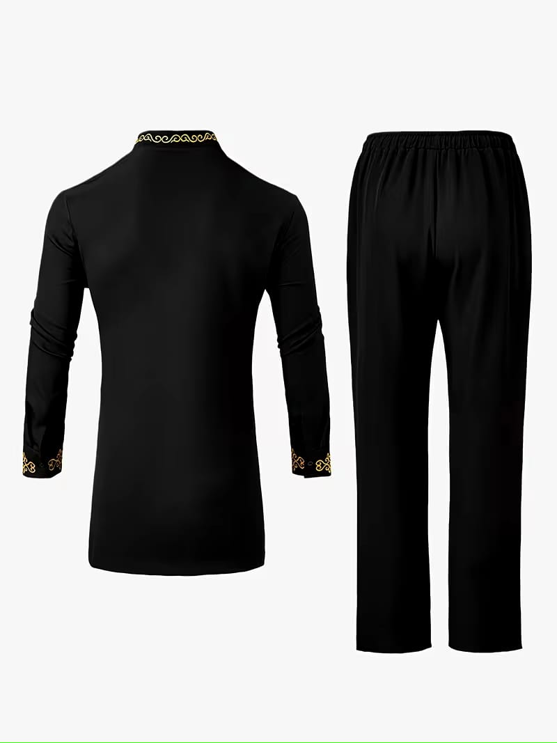 Dashiki Men's Long Sleeve Set, Long Sleeves, Round Neck, Button-Up Cardigan, Pockets, Split Hem, Embroidery, Elastic Waist Pants, Men's Outfit, Men's Casual Shirt and Pants 2pcs Set, New Four-Season Style 1 Set, Street Style, Party, Wedding Attire