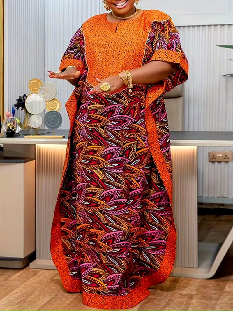 VONDA Plus Size Women's Vintage Print Maxi Dress-Batwing Half Sleeve V-Neck Patchwork Design, Loose