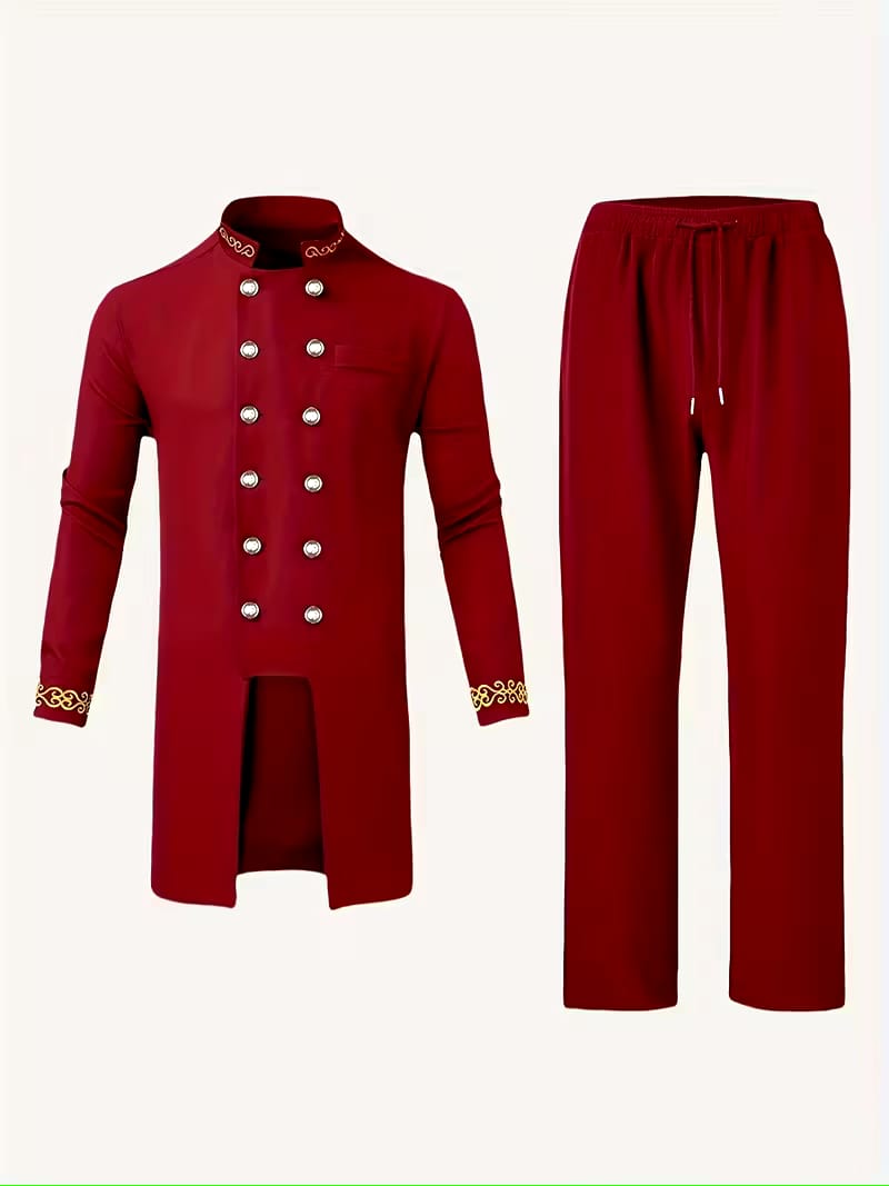 Dashiki Men's Long Sleeve Set, Long Sleeves, Round Neck, Button-Up Cardigan, Pockets, Split Hem, Embroidery, Elastic Waist Pants, Men's Outfit, Men's Casual Shirt and Pants 2pcs Set, New Four-Season Style 1 Set, Street Style, Party, Wedding Attire