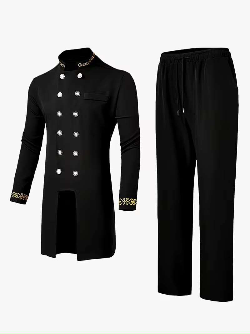 Dashiki Men's Long Sleeve Set, Long Sleeves, Round Neck, Button-Up Cardigan, Pockets, Split Hem, Embroidery, Elastic Waist Pants, Men's Outfit, Men's Casual Shirt and Pants 2pcs Set, New Four-Season Style 1 Set, Street Style, Party, Wedding Attire