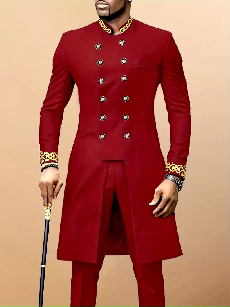 Dashiki Men's Long Sleeve Set, Long Sleeves, Round Neck, Button-Up Cardigan, Pockets, Split Hem, Embroidery, Elastic Waist Pants, Men's Outfit, Men's Casual Shirt and Pants 2pcs Set, New Four-Season Style 1 Set, Street Style, Party, Wedding Attire