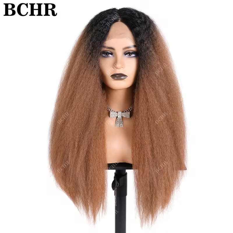 Ombre Blonde 13X4 Lace Front Synthetic Wigs for Women,Glueless Wig 60.96cm Density Long Yaki Kim