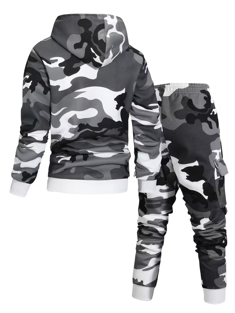 Men's 2pcs Camouflage Hooded Sweatshirt and Army Set, Multiple-pocket Design