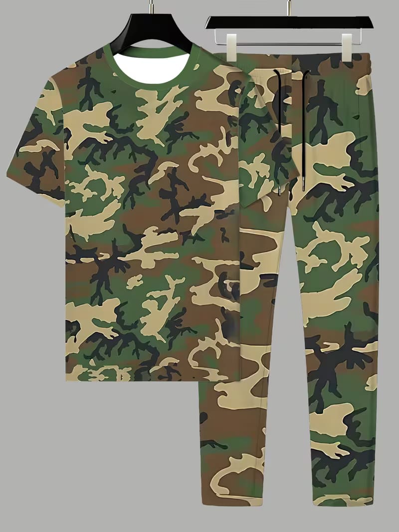 Men's Short -Sleeve Long Pants Set, Round Neck T-shirt And Comfortable Long Pants Matching, Suitable for Army Camouflage