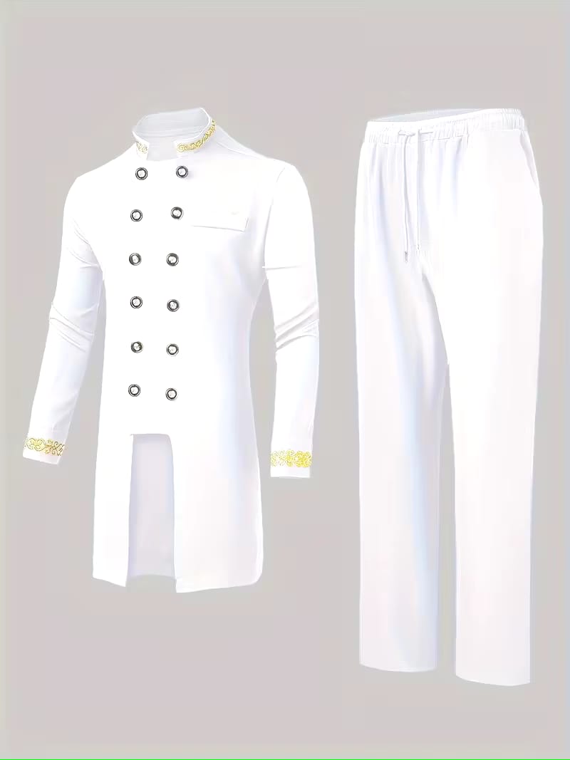 Dashiki Men's Long Sleeve Set, Long Sleeves, Round Neck, Button-Up Cardigan, Pockets, Split Hem, Embroidery, Elastic Waist Pants, Men's Outfit, Men's Casual Shirt and Pants 2pcs Set, New Four-Season Style 1 Set, Street Style, Party, Wedding Attire